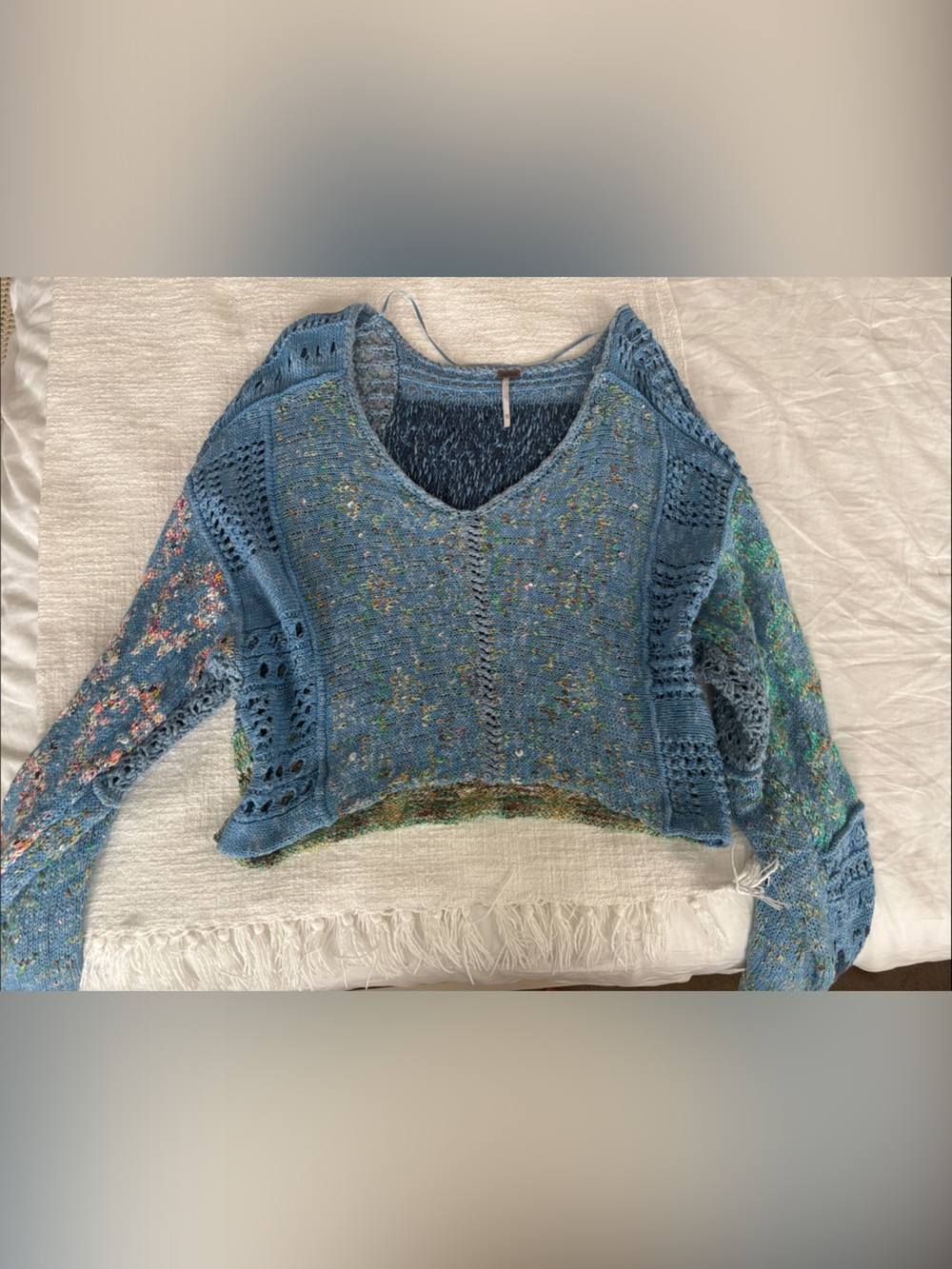 Free People Blue Multicolor Fleck V-Neck Knit Sweater